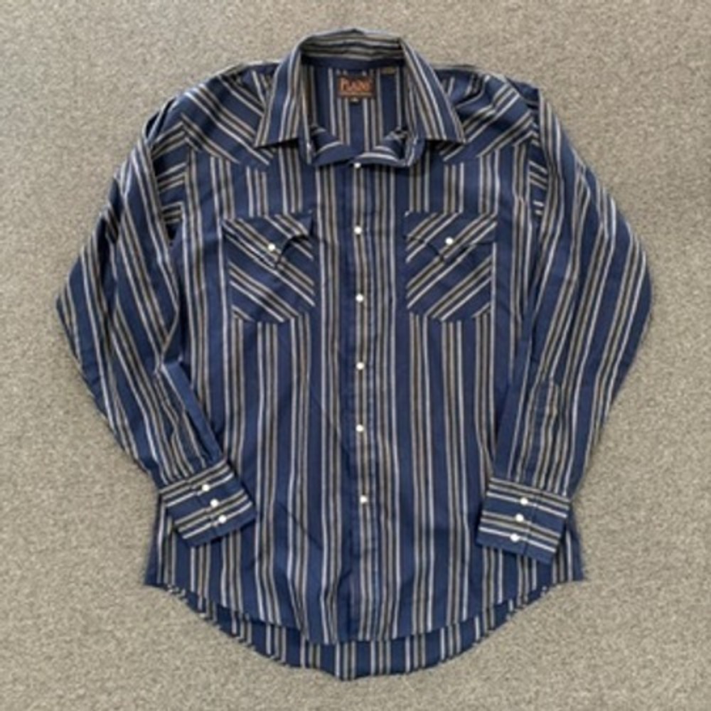Plains Western Wear Snap Shirt Mens Medium Blue Good Striped Long Sleeve